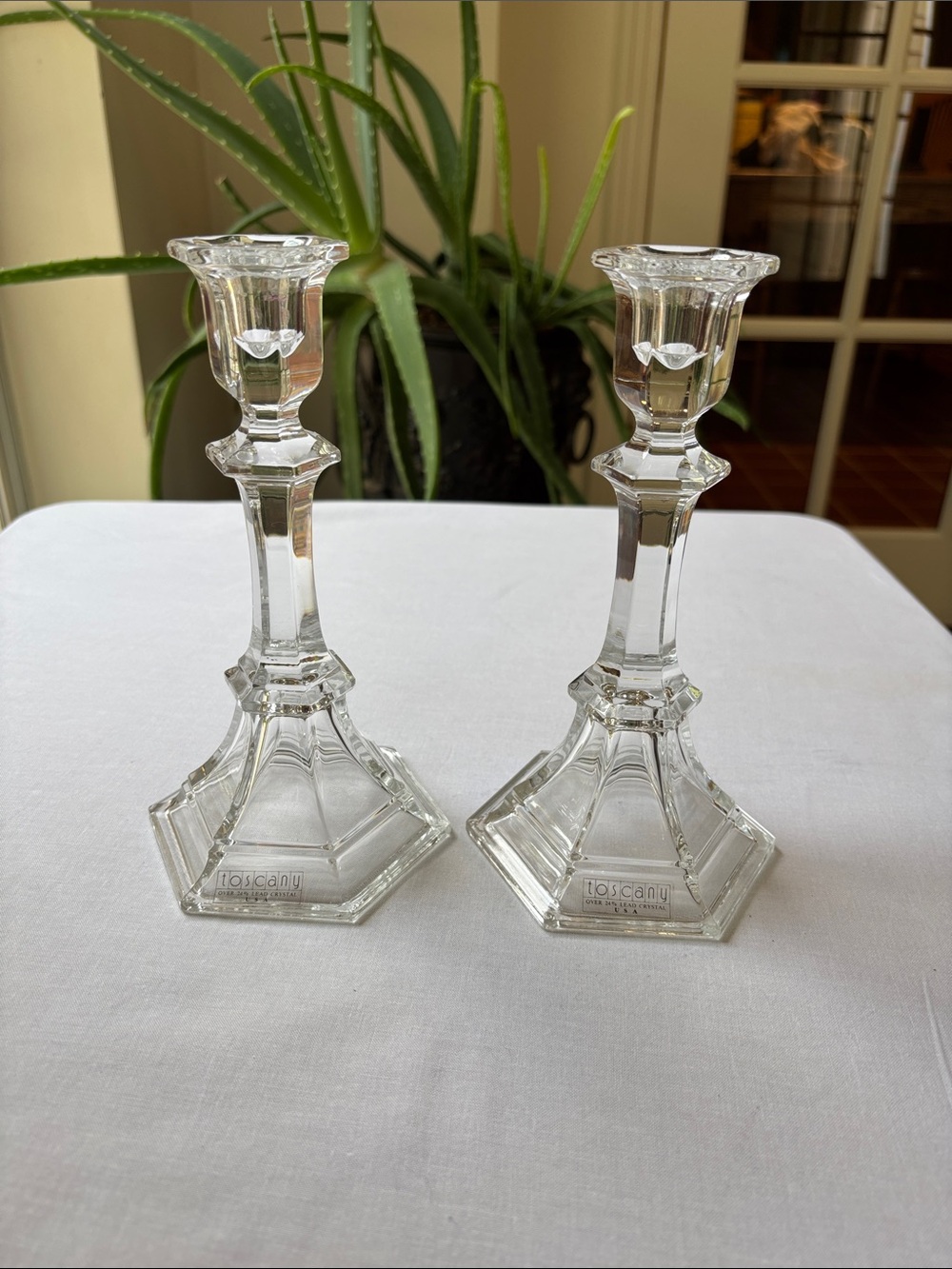 2 Beautiful Matching Toscany Candlesticks 24% Lead Crystal Made In USA